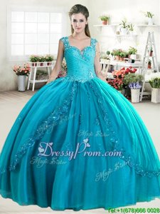 Clearance Beading Sweet 16 Quinceanera Dress Teal Zipper Sleeveless Floor Length