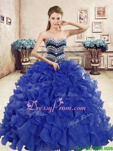 Classical Blue Sweetheart Neckline Beading and Ruffles 15 Quinceanera Dress Sleeveless Lace Up