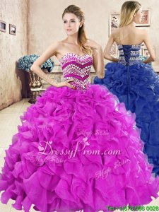 Customized Fuchsia Ball Gowns Beading and Ruffles Ball Gown Prom Dress Lace Up Organza Sleeveless Floor Length