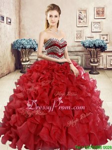 Custom Design Red Sweetheart Neckline Beading and Ruffles 15 Quinceanera Dress Sleeveless Lace Up