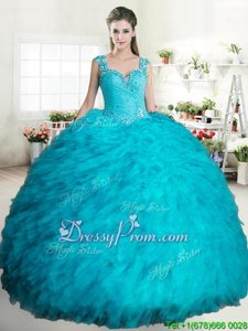 Nice Ball Gowns Quinceanera Gown Aqua Blue Straps Tulle Sleeveless Floor Length Zipper