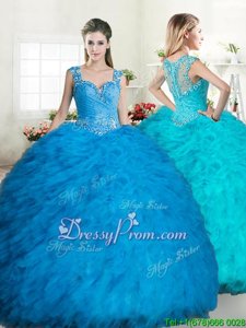 Fitting Blue Zipper Straps Beading and Ruffles Quince Ball Gowns Tulle Sleeveless
