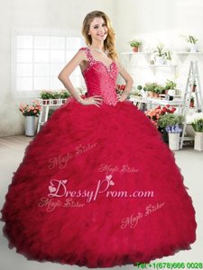 Gorgeous Floor Length Coral Red 15 Quinceanera Dress Tulle Sleeveless Spring and Summer and Fall and Winter Beading and Ruffles