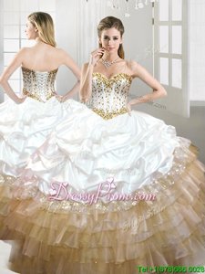 Sweetheart Sleeveless Ball Gown Prom Dress Floor Length Beading and Pick Ups White and Champagne Organza and Taffeta
