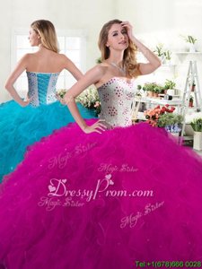 Charming Sleeveless Floor Length Beading and Ruffles Lace Up Quinceanera Gown with Fuchsia