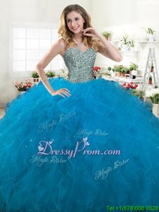 Custom Designed Tulle Sweetheart Sleeveless Lace Up Beading and Ruffles Quinceanera Gown inTeal