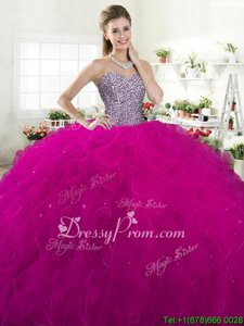 Trendy Fuchsia Sleeveless Floor Length Beading and Ruffles Lace Up Quinceanera Dress