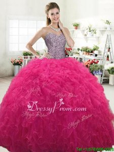 Decent Sleeveless Tulle Floor Length Lace Up Quince Ball Gowns inHot Pink forSpring and Summer and Fall and Winter withBeading and Ruffles