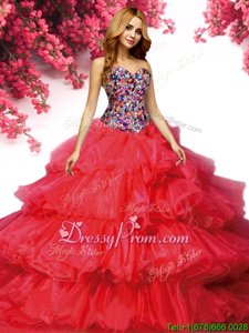 Colorful Red Sweet 16 Dresses Military Ball and Sweet 16 and Quinceanera and For withBeading and Ruffled Layers Sweetheart Sleeveless Brush Train Lace Up