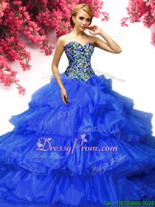 Trendy Royal Blue Sleeveless Floor Length Beading and Ruffled Layers Lace Up Quinceanera Dresses