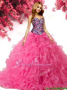 High Quality Floor Length Lace Up Quinceanera Gown Hot Pink and In forMilitary Ball and Sweet 16 and Quinceanera withBeading and Ruffles