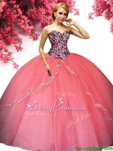 Sweet Watermelon Red Ball Gowns Sweetheart Sleeveless Tulle Floor Length Lace Up Beading Quinceanera Dress