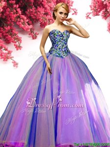 Glorious Spring and Summer and Fall and Winter Tulle Sleeveless Floor Length 15th Birthday Dress andBeading