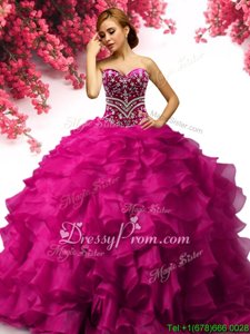 Chic Floor Length Fuchsia Sweet 16 Dress Organza Sleeveless Spring and Summer and Fall and Winter Beading and Ruffles