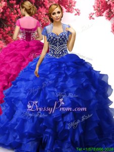 Sumptuous Royal Blue Lace Up Sweetheart Beading and Ruffles Ball Gown Prom Dress Organza Sleeveless