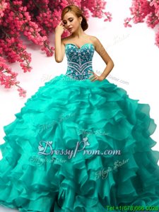 Delicate Turquoise Lace Up Quinceanera Dresses Beading and Ruffles Sleeveless Floor Length