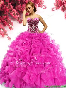 Vintage Organza Sweetheart Sleeveless Sweep Train Lace Up Beading and Ruffles Sweet 16 Dresses inHot Pink