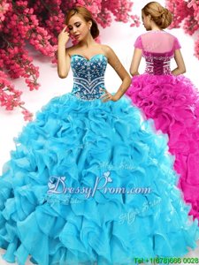 Dynamic Aqua Blue Lace Up Sweet 16 Dresses Beading and Ruffles Sleeveless Floor Length