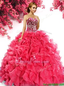 Noble Floor Length Lace Up Sweet 16 Dress Red and In forMilitary Ball and Sweet 16 and Quinceanera withBeading and Ruffles