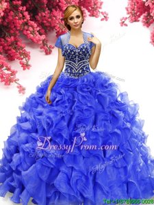 Sophisticated Royal Blue Ball Gowns Organza Sweetheart Sleeveless Beading and Ruffles Floor Length Lace Up Sweet 16 Dress