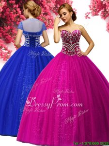 Modest Sleeveless Tulle Floor Length Lace Up Sweet 16 Quinceanera Dress inFuchsia forSpring and Summer and Fall and Winter withBeading
