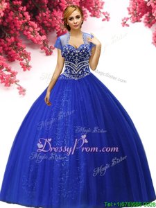 Comfortable Sleeveless Floor Length Beading Lace Up Ball Gown Prom Dress with Royal Blue