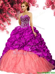 Artistic Fuchsia Sweetheart Lace Up Beading and Pick Ups Quinceanera Dresses Brush Train Sleeveless