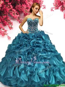 Dazzling Teal Sleeveless Beading and Ruffles Floor Length Sweet 16 Quinceanera Dress