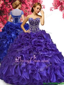 High End Purple Ball Gowns Organza Sweetheart Sleeveless Beading and Ruffles Floor Length Lace Up Sweet 16 Quinceanera Dress