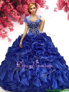 Dramatic Sweetheart Sleeveless Sweet 16 Quinceanera Dress Floor Length Beading and Ruffles Royal Blue Organza