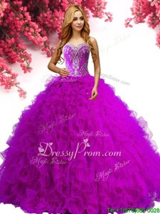Most Popular Fuchsia Sweetheart Neckline Beading and Ruffles Quince Ball Gowns Sleeveless Lace Up