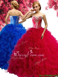 Red Ball Gowns Sweetheart Sleeveless Tulle Floor Length Lace Up Beading and Ruffles Sweet 16 Quinceanera Dress