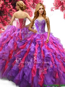Simple Multi-color Organza Lace Up 15th Birthday Dress Sleeveless Floor Length Beading and Ruffles