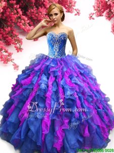 Attractive Sleeveless Floor Length Beading and Ruffles Lace Up Vestidos de Quinceanera with Multi-color
