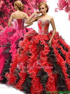High End Red And Black Organza Lace Up Sweetheart Sleeveless Floor Length Vestidos de Quinceanera Beading and Ruffles