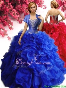 Gorgeous Royal Blue Ball Gowns Beading and Ruffles Quince Ball Gowns Lace Up Organza Sleeveless Floor Length