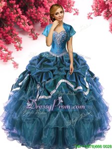 Fantastic Teal Sleeveless Beading and Ruffles and Pick Ups Floor Length Quinceanera Gowns