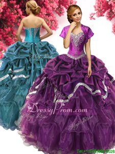 Luxurious Dark Purple Sweetheart Neckline Beading and Ruffles and Pick Ups 15 Quinceanera Dress Sleeveless Lace Up