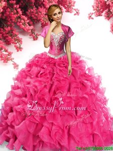 Perfect Organza Sweetheart Sleeveless Sweep Train Lace Up Beading and Ruffles Sweet 16 Dress inHot Pink