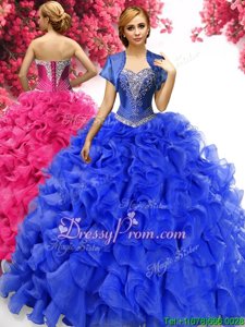 Shining Spring and Summer and Fall and Winter Organza Sleeveless With Train Ball Gown Prom Dress Sweep Train andBeading and Ruffles