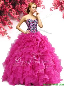 Fancy Beading and Ruffles Ball Gown Prom Dress Hot Pink Lace Up Sleeveless Floor Length