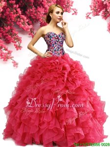 Designer Red Ball Gowns Organza Sweetheart Sleeveless Beading and Ruffles Floor Length Lace Up Vestidos de Quinceanera
