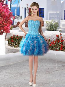 Amazing Mini Length Lace Up Prom Gown Baby Blue and In for Prom and Party with Beading and Ruffles