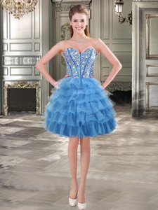 Mini Length Blue Prom Dress Organza Sleeveless Beading and Ruffled Layers