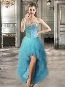 Teal Lace Up Sweetheart Beading and Ruffles Prom Party Dress Tulle Sleeveless