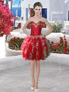 High Quality Red Lace Up Sweetheart Appliques and Ruffles Prom Party Dress Organza Sleeveless