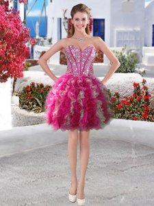 Fuchsia Lace Up Sweetheart Beading and Ruffles Prom Evening Gown Organza Sleeveless