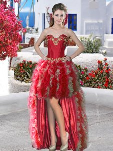 Custom Made Appliques and Ruffles Prom Evening Gown Red Lace Up Sleeveless High Low