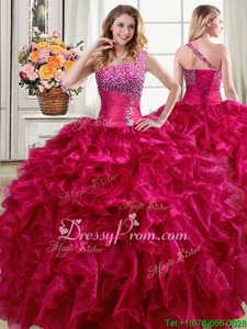 Fuchsia Organza Lace Up One Shoulder Sleeveless Floor Length 15th Birthday Dress Beading and Ruffles