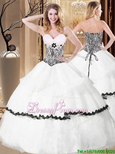 Fashionable White Ball Gowns Sweetheart Sleeveless Organza Floor Length Lace Up Ruffled Layers and Pattern 15th Birthday Dress